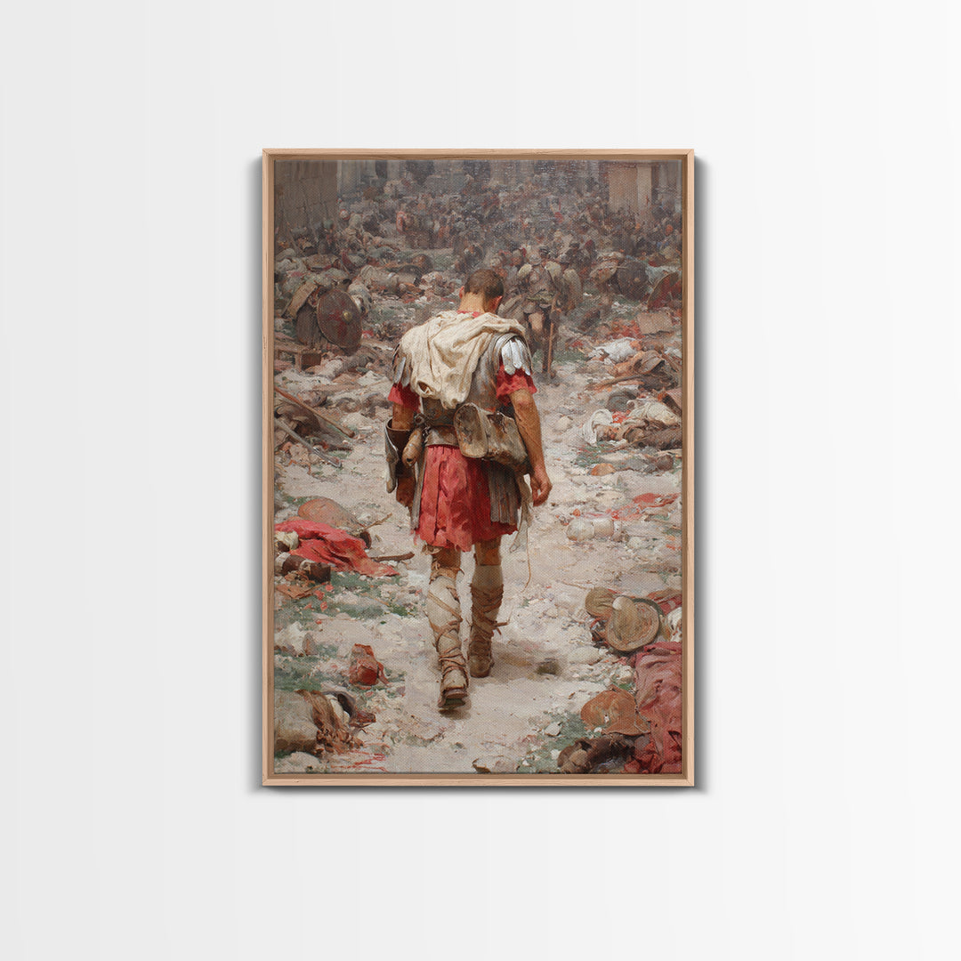 Historic Roman Soldier Amidst Battle Aftermath Detailed Painting Wall Art Canvas Print For History Buffs And Home Decor