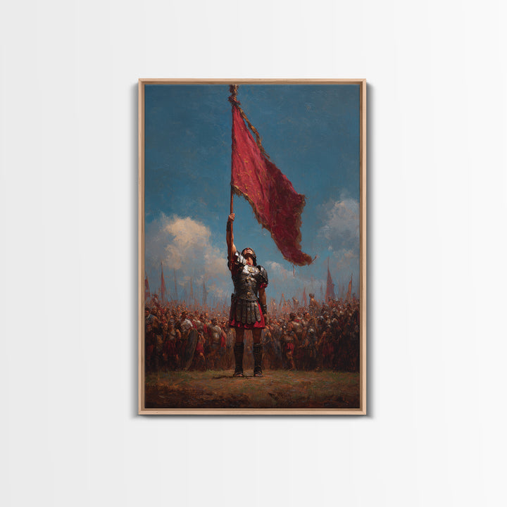 Roman Warrior Raising Red Battle Flag Wall Art, Historical Soldier Canvas, Dramatic Legion Artwork, Gift For Him, Living Room Decor