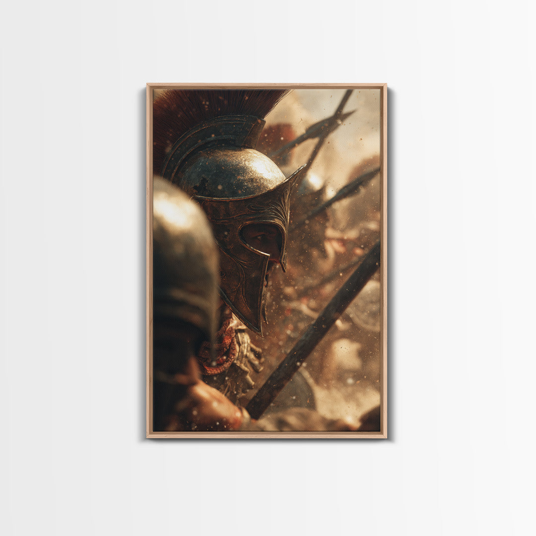Bronze Spartan Helmet In Ancient Battle Canvas Print, Greek Warrior Wall Art, Historical Office Decor, Masculine Gift For Him