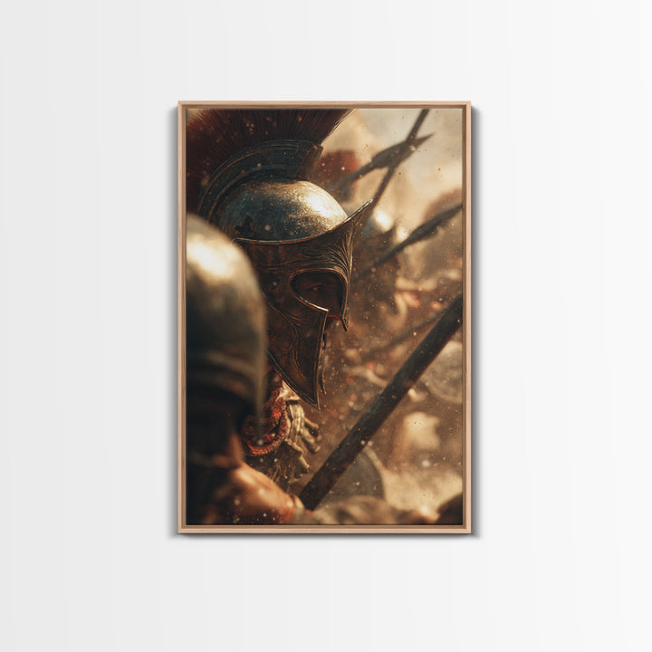 Bronze Spartan Helmet In Ancient Battle Canvas Print, Greek Warrior Wall Art, Historical Office Decor, Masculine Gift For Him