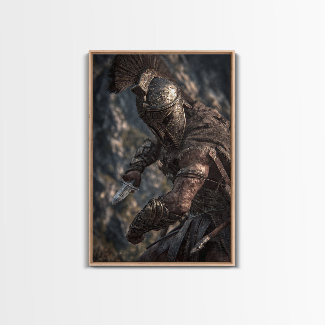 Armored Spartan Warrior With Bronze Helmet Wall Art, Ancient Greek Canvas Print, Masculine Office Decor, History Gift For Him