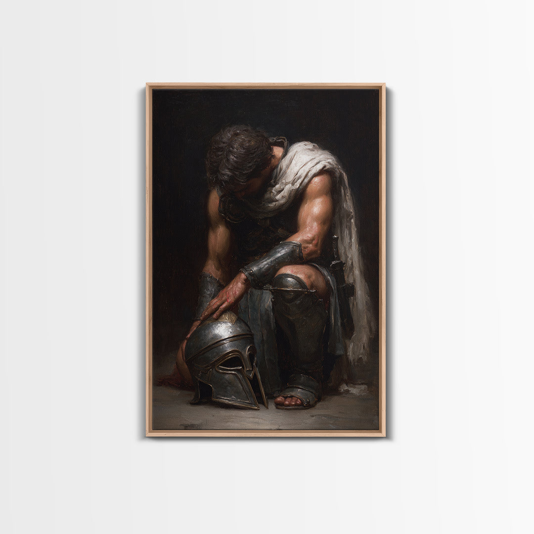 Kneeling Gladiator With Helmet Framed Canvas Print, Roman Warrior Oil Painting, Dark Academia Wall Art, Masculine Decor Gift