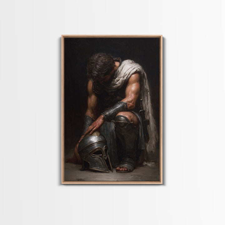Kneeling Gladiator With Helmet Framed Canvas Print, Roman Warrior Oil Painting, Dark Academia Wall Art, Masculine Decor Gift