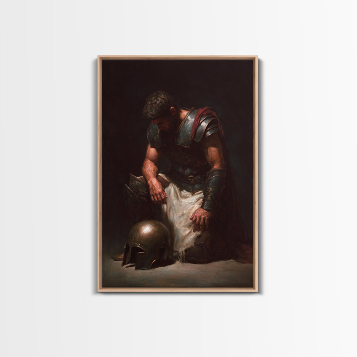 Kneeling Roman Soldier With Bronze Helmet Canvas Print, Dark Academia Wall Art, Moody Historical Warrior Art Decor, Gift For Him