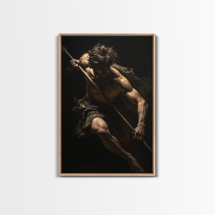 Classical Spear Warrior In Shadow Framed Canvas Print, Mythological Wall Art, Dark Academia Decor, Masculine Fine Art Print