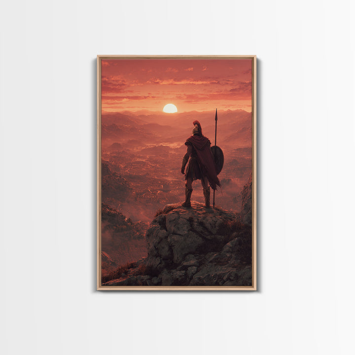 Spartan Warrior At Red Sunset, Epic Landscape Wall Art, Greek Soldier Canvas Print, Masculine Office Decor, Gift For Him