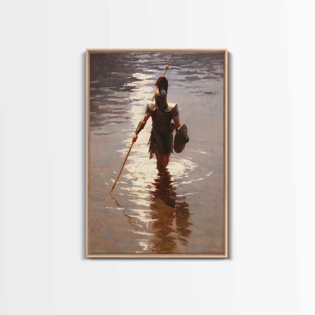Solitary Spartan Warrior In Shimmering Water Wall Art, Ancient Spear Canvas Print, Greek History Living Room And Office Decor