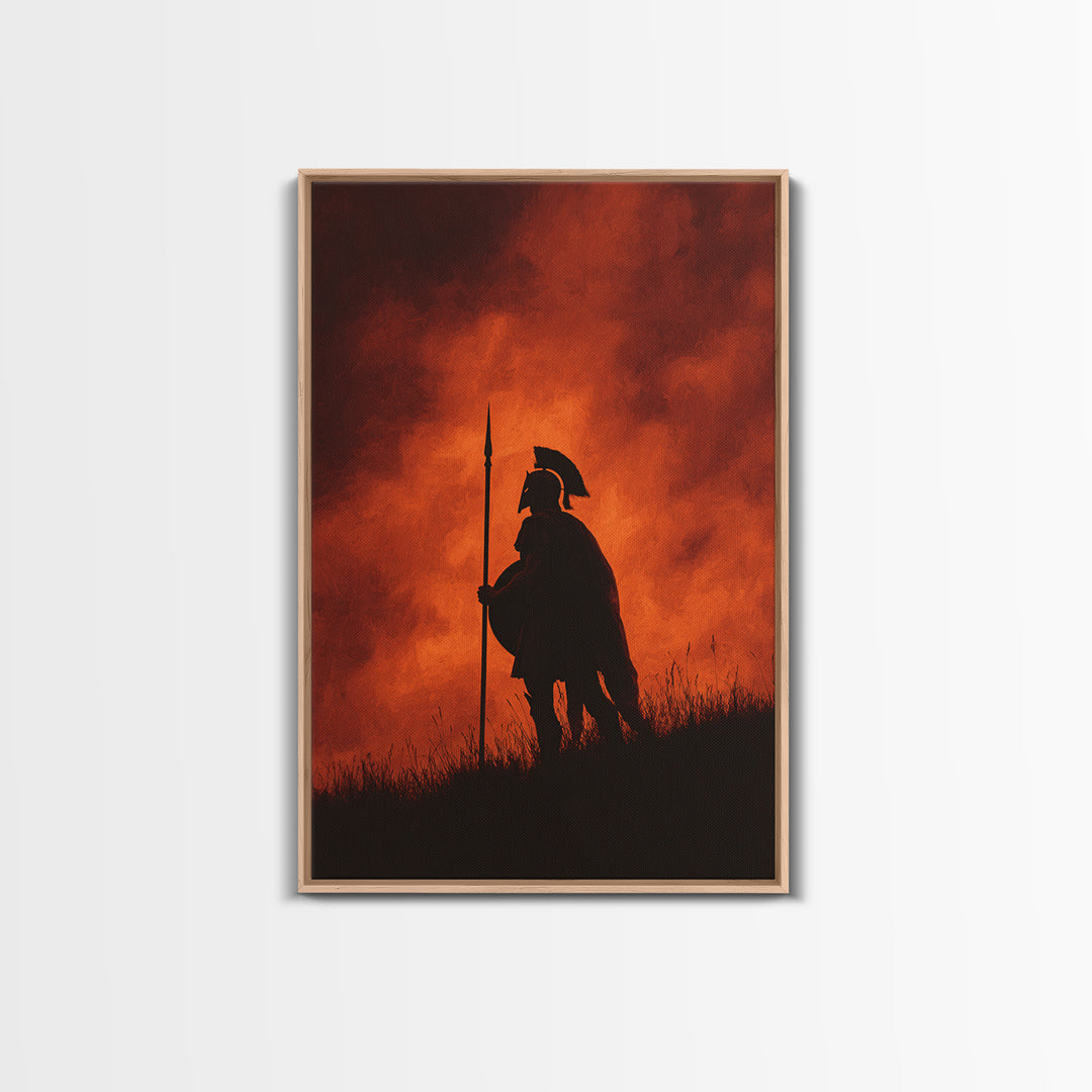 Spartan Silhouette At Red Sunset Wall Art, Ancient Warrior Canvas Print, Dramatic Battle Painting, Masculine Decor Gift For Him