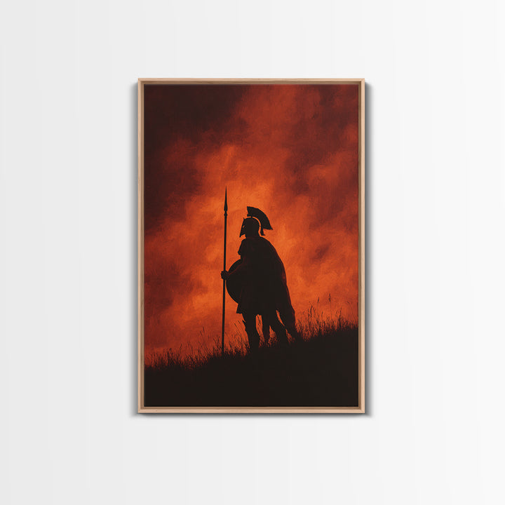 Spartan Silhouette At Red Sunset Wall Art, Ancient Warrior Canvas Print, Dramatic Battle Painting, Masculine Decor Gift For Him