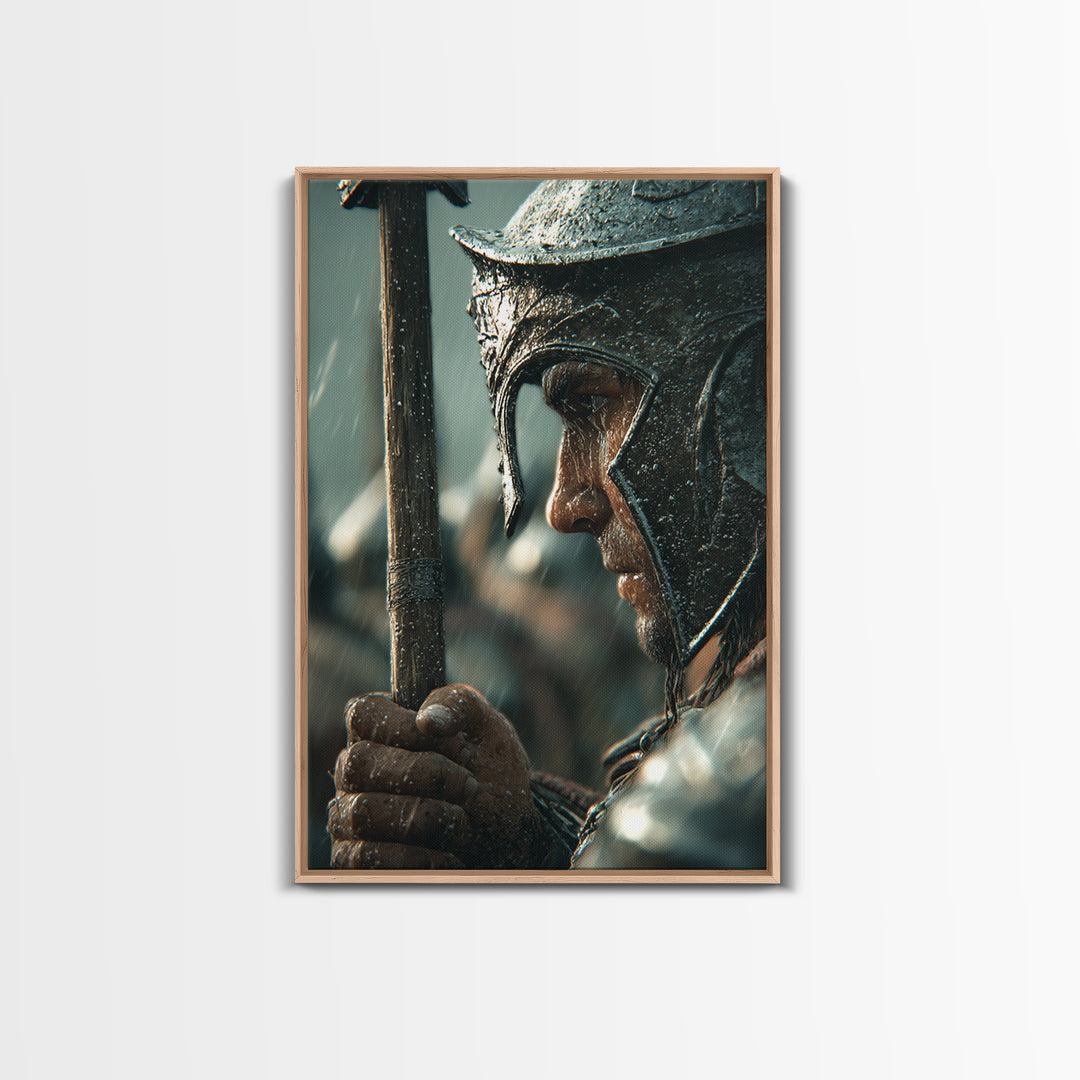 Rain Soaked Warrior Helmet Closeup Canvas Print, Spartan Soldier Wall Art, Dark Historical Decor, Masculine Gift For Him