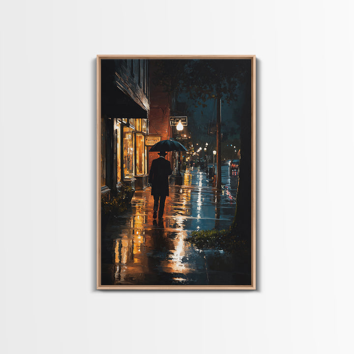 Rainy City Street With Umbrella At Night Wall Art, Moody Urban Landscape Print, Noir Office Decor, Modern Home Decor, Contemporary Art
