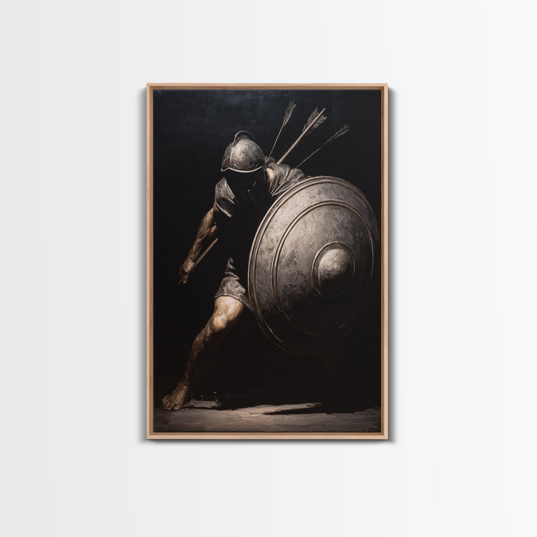 Wounded Medieval Knight Framed Canvas Print, Dark Academia Wall Art, Gothic Warrior Painting, Masculine Office Decor Gift