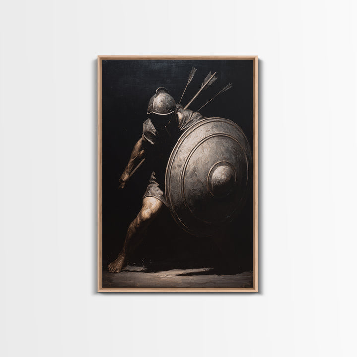 Wounded Medieval Knight Framed Canvas Print, Dark Academia Wall Art, Gothic Warrior Painting, Masculine Office Decor Gift