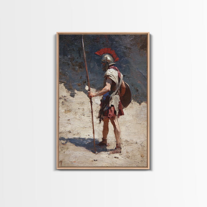 Solitary Roman Guard With Spear Wall Art, Ancient Soldier Canvas Print, Historical Warrior Decor, Masculine Office Art Gift