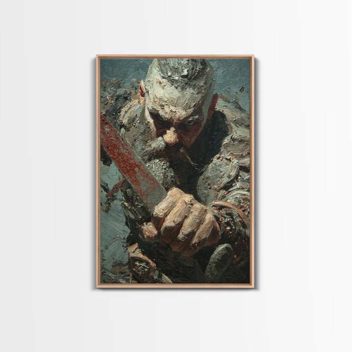 Viking Warrior Sword Framed Canvas Print, Impasto Battle Portrait, Medieval Norse Wall Decor For Masculine Office Gift Idea