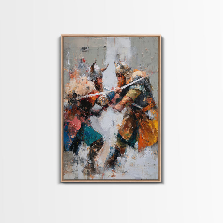 Viking Warriors Clashing Swords Canvas Print, Norse Battle Wall Art, Bold Historical Painting, Rustic Home Decor, Gift For Him