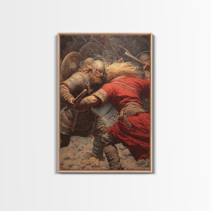 Viking Warriors Locked In Battle Wall Art, Norse Mythology Oil Painting, Historical Art Print, Rustic Man Cave Decor Gift