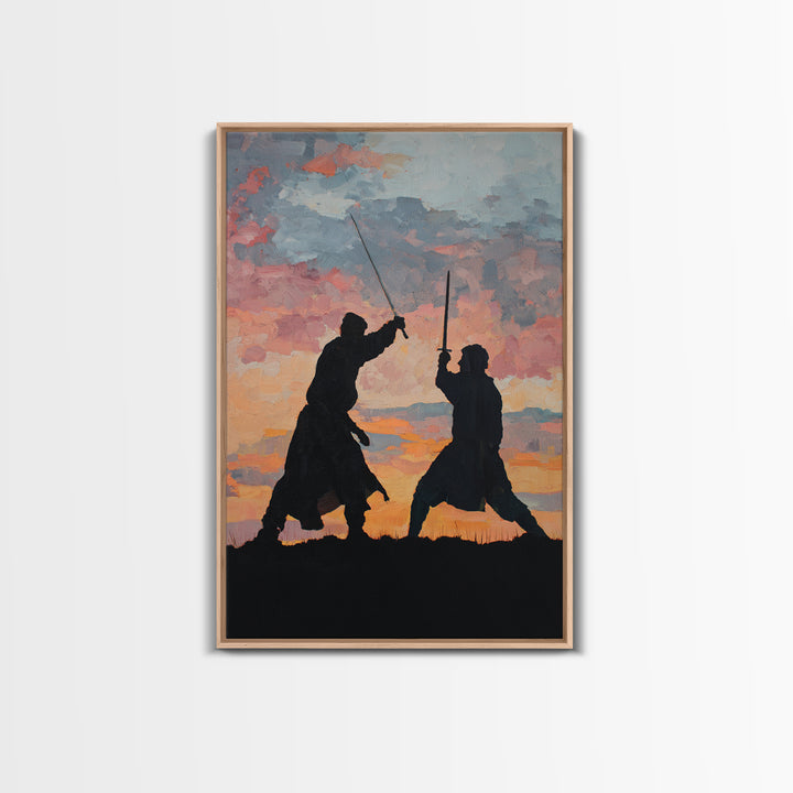 Samurai Sword Duel At Sunset Wall Art, Dramatic Warrior Canvas Print, Japanese Battle Decor, Martial Arts Gift For Him, Dojo Decor