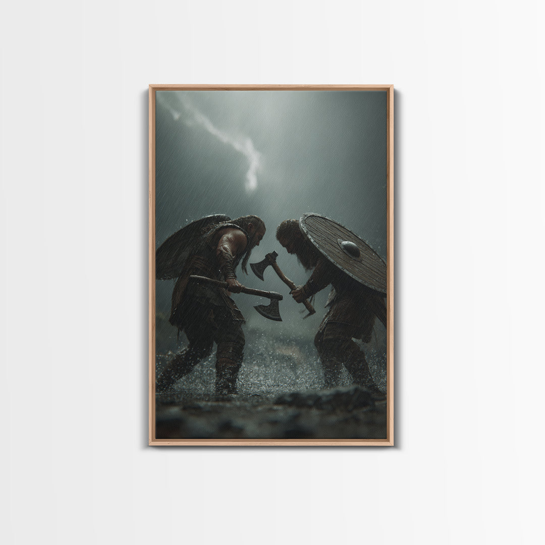 Viking Warriors Duel In Heavy Rain Wall Art, Nordic Battle Canvas Print, Dark Fantasy Decor, Masculine Office Art Gift For Him