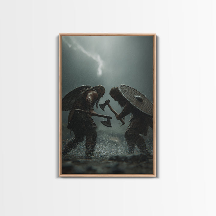 Viking Warriors Duel In Heavy Rain Wall Art, Nordic Battle Canvas Print, Dark Fantasy Decor, Masculine Office Art Gift For Him