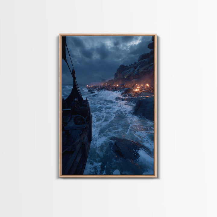 Viking Longship Landing On Stormy Coast Canvas Print, Norse Seascape Wall Art, Maritime Decor, Dark Fantasy Gift For Him