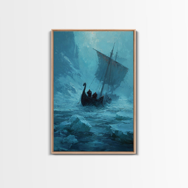 Icy Viking Ship At Sea Canvas Print, Nautical Wall Art, Norse Decor, Coastal Seascape, Fantasy Adventure Home Decor For Living Room