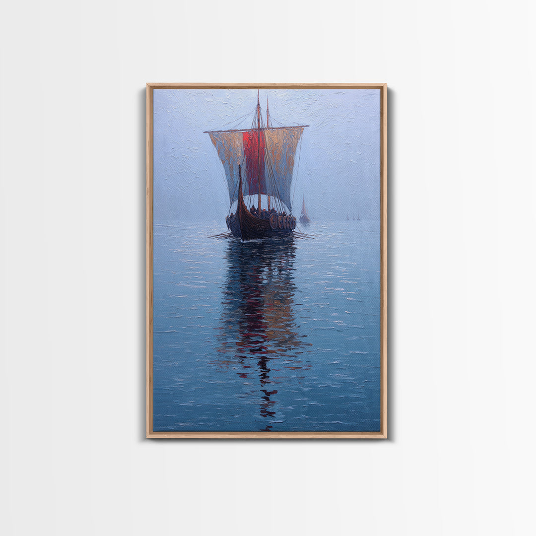 Viking Longship Sailing On Blue Water Framed Canvas Print, Nautical Wall Art, Nordic Seascape Decor, Lake House Art Print