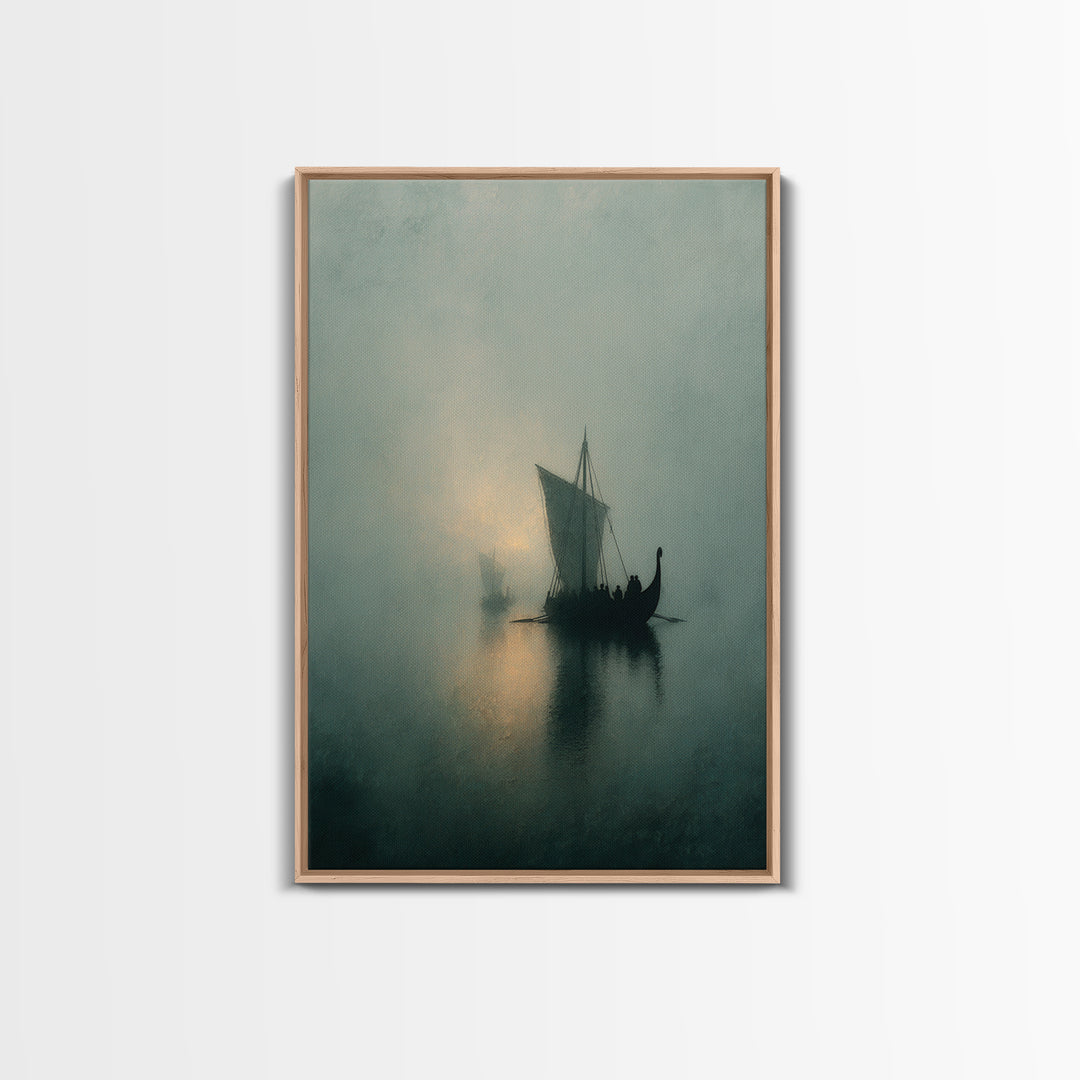 Misty Viking Sailboat On Foggy Water, Framed Canvas Print, Moody Seascape Wall Art, Nautical Decor, Nordic Coastal Art Print