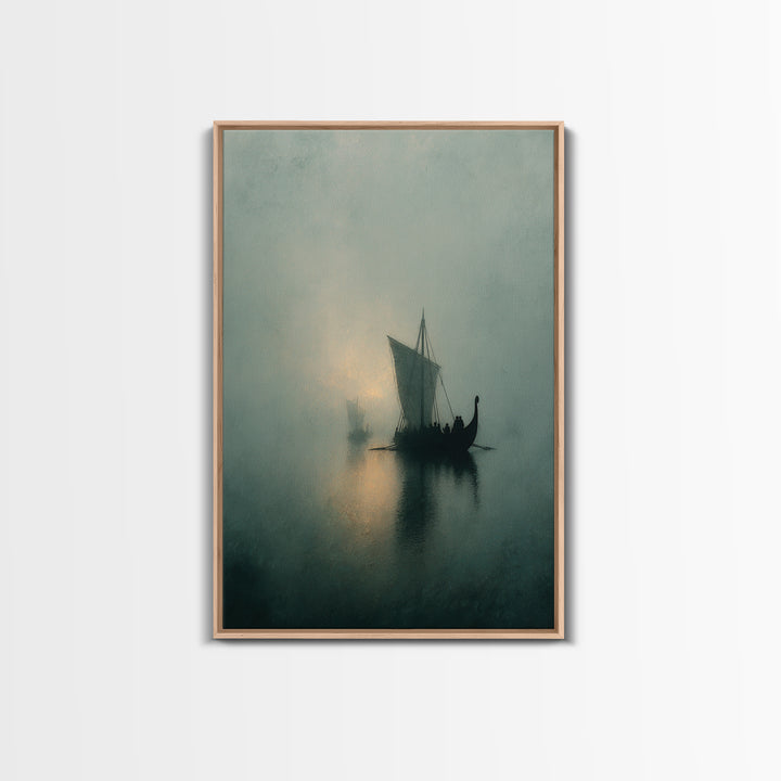 Misty Viking Sailboat On Foggy Water, Framed Canvas Print, Moody Seascape Wall Art, Nautical Decor, Nordic Coastal Art Print