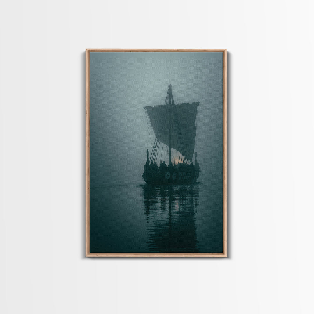 Misty Viking Longship On Dark Water Wall Art, Nordic Nautical Canvas Print, Moody Coastal Decor, Fantasy Seascape Living Room Art