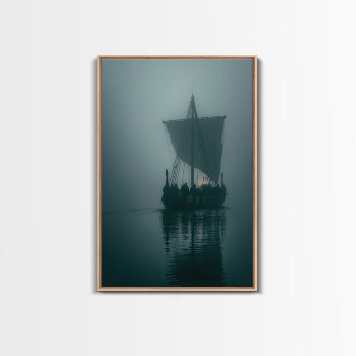 Misty Viking Longship On Dark Water Wall Art, Nordic Nautical Canvas Print, Moody Coastal Decor, Fantasy Seascape Living Room Art