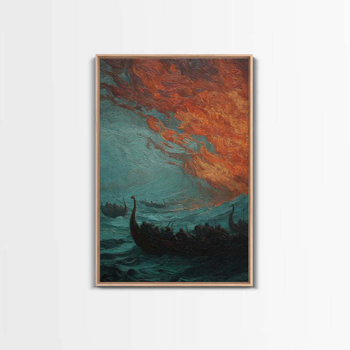 Viking Longships Under Fiery Storm Sky Wall Art, Norse Seascape Canvas Print, Dark Academia Coastal Home Decor, Living Room Decor