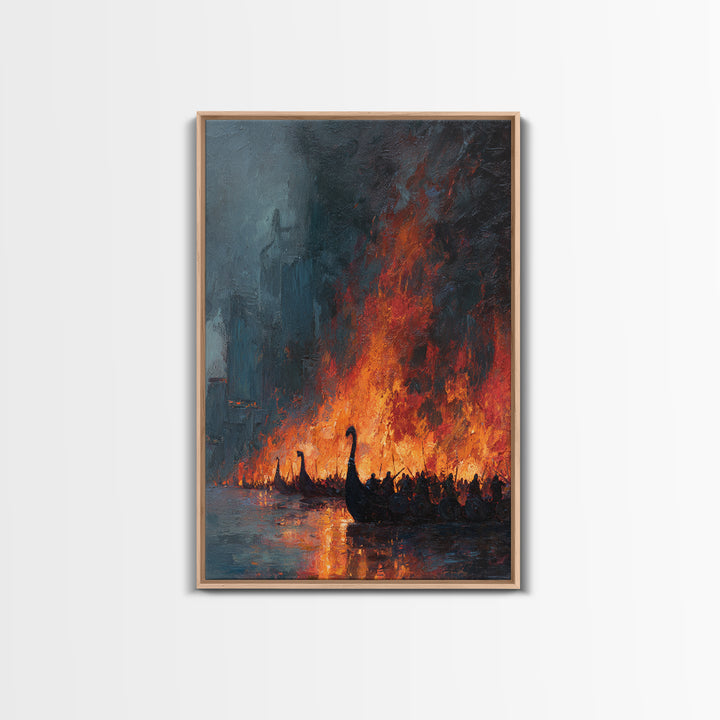 Burning Viking Ships On Dark Harbor Wall Art, Epic Historical Battle Canvas, Moody Seascape, Fantasy Living Room Decor, Home Decor