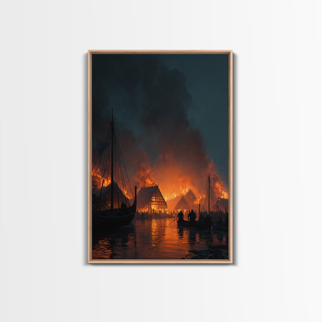 Burning Viking Harbor At Night Wall Art, Nordic Village Canvas Print, Dark Fantasy Decor, Moody Seascape Living Room Art