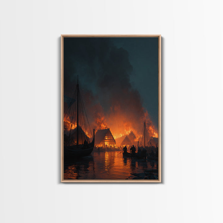 Burning Viking Harbor At Night Wall Art, Nordic Village Canvas Print, Dark Fantasy Decor, Moody Seascape Living Room Art