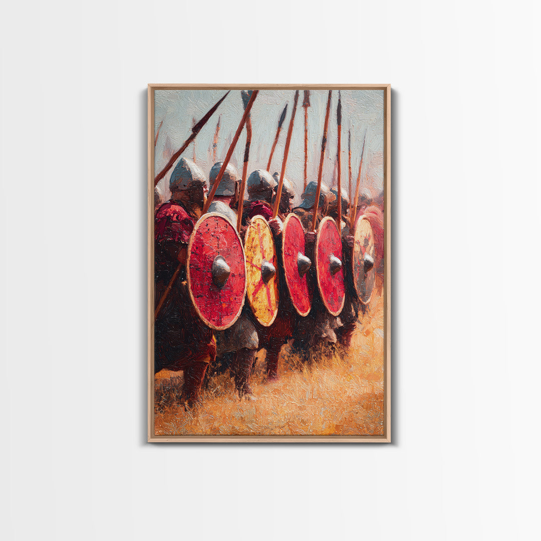 Viking Shield Wall With Red Round Shields Canvas Print, Medieval Warrior Wall Art For Rustic Game Room Decor And Gift For Him