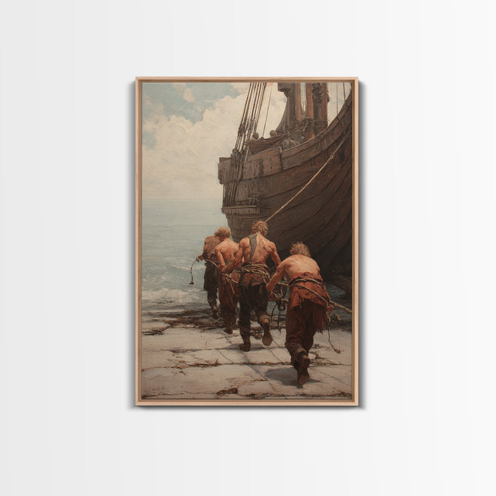 Ancient Ship Haulers Canvas Print, Roman Harbor Warrior Wall Art, Historical Oil Painting, Masculine Office Decor Gift For Him