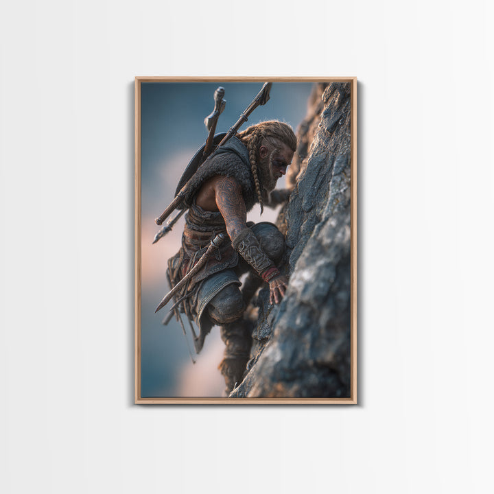 Viking Climbing Sheer Mountain Cliff Framed Canvas Print, Norse Warrior Wall Art, Fantasy Adventure Decor Print, Gift For Him