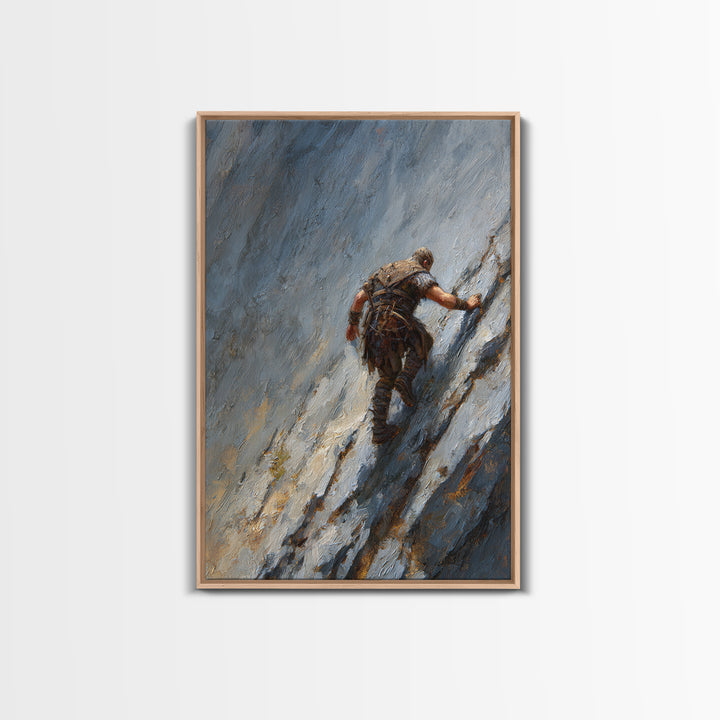 Viking Climber Scaling Icy Mountain Face Framed Canvas Print, Adventure Wall Art, Norse Landscape Office Decor, Gift For Him