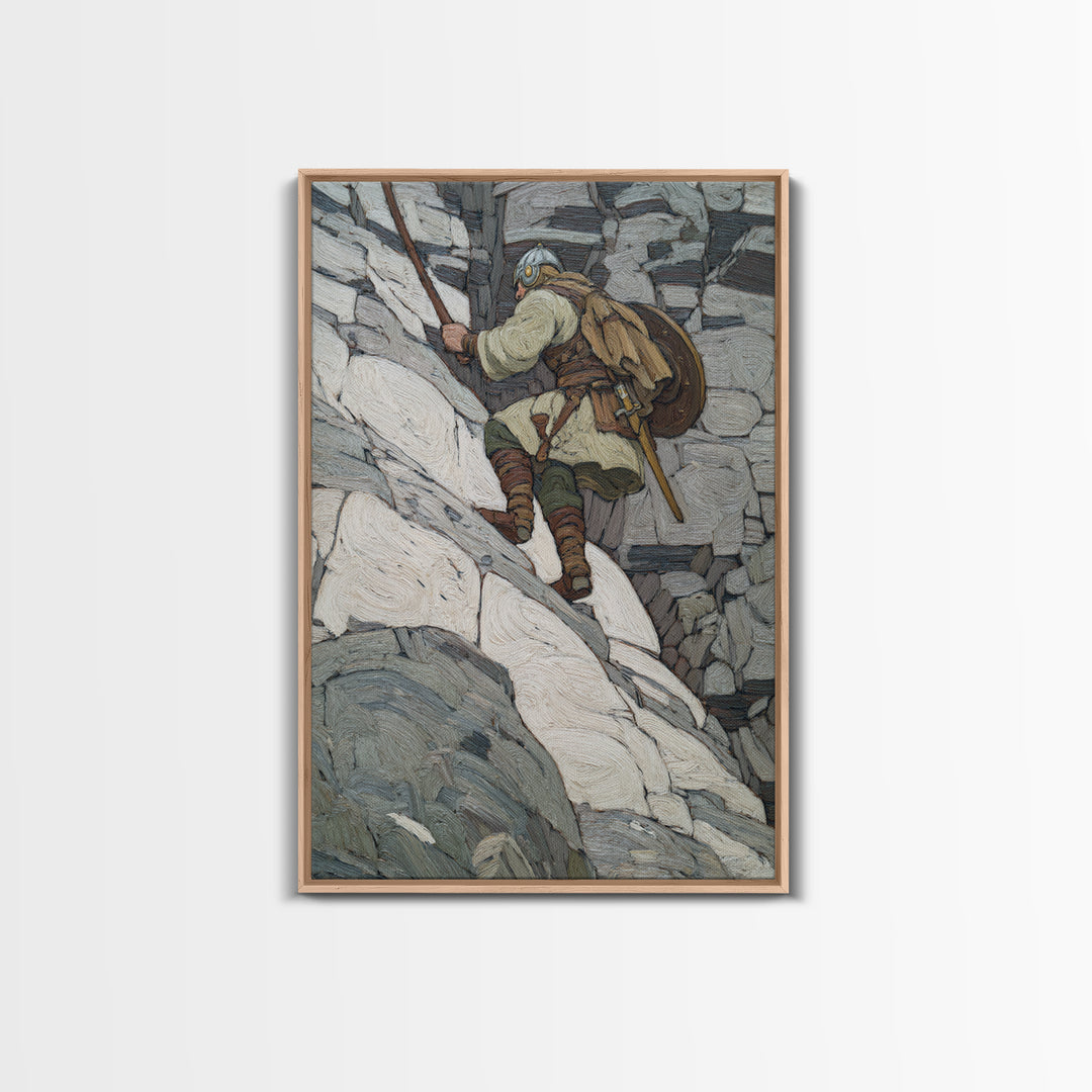 Viking Climber Scaling Snowy Cliffs Canvas Print, Norse Adventure Wall Art, Mountain Landscape Decor, Rustic Cabin Gift Print