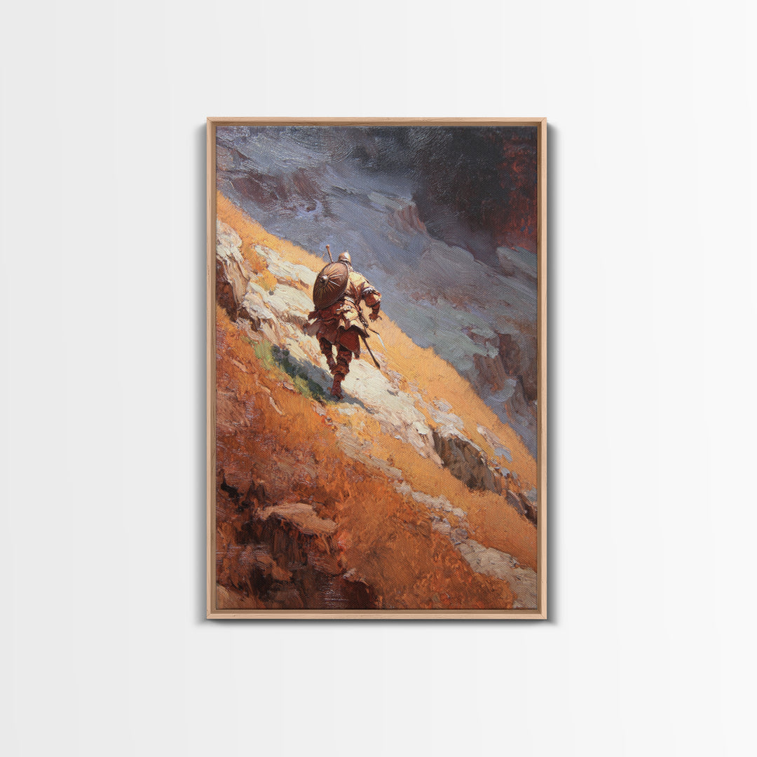 Armored Warrior Hiking Rugged Mountain Pass Canvas Print, Fantasy Landscape Art, Viking Wall Decor, Adventure Home Decor