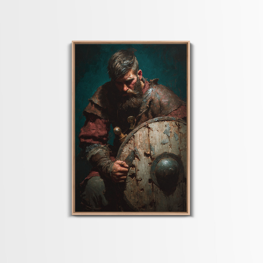 Bearded Viking With Weathered Shield, Canvas Print, Dark Academia Wall Decor, Medieval Portrait Art, Masculine Office Decor