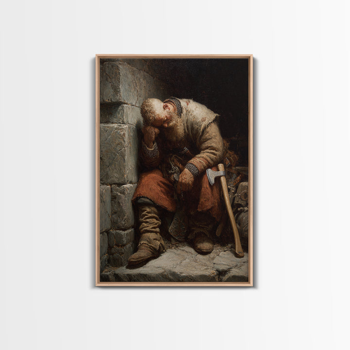 Exhausted Medieval Blacksmith Sleeping By Stone Wall, Canvas Print, Rustic Wall Art, Historical Portrait, Workshop Decor