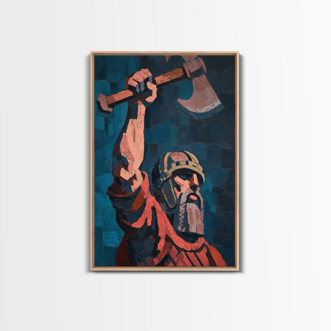 Rustic Viking Warrior Axe Holding Oil Painting Canvas Print For Masculine Wall Art And Western Home Decor