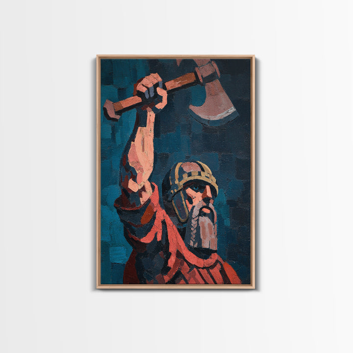 Rustic Viking Warrior Axe Holding Oil Painting Canvas Print For Masculine Wall Art And Western Home Decor