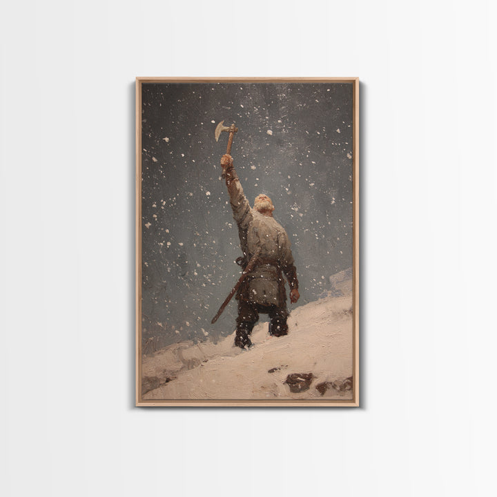 Snowy Viking Warrior Raising Axe, Medieval Fantasy Wall Art, Nordic Oil Painting Print, Rustic Cabin Decor, Gift For Him