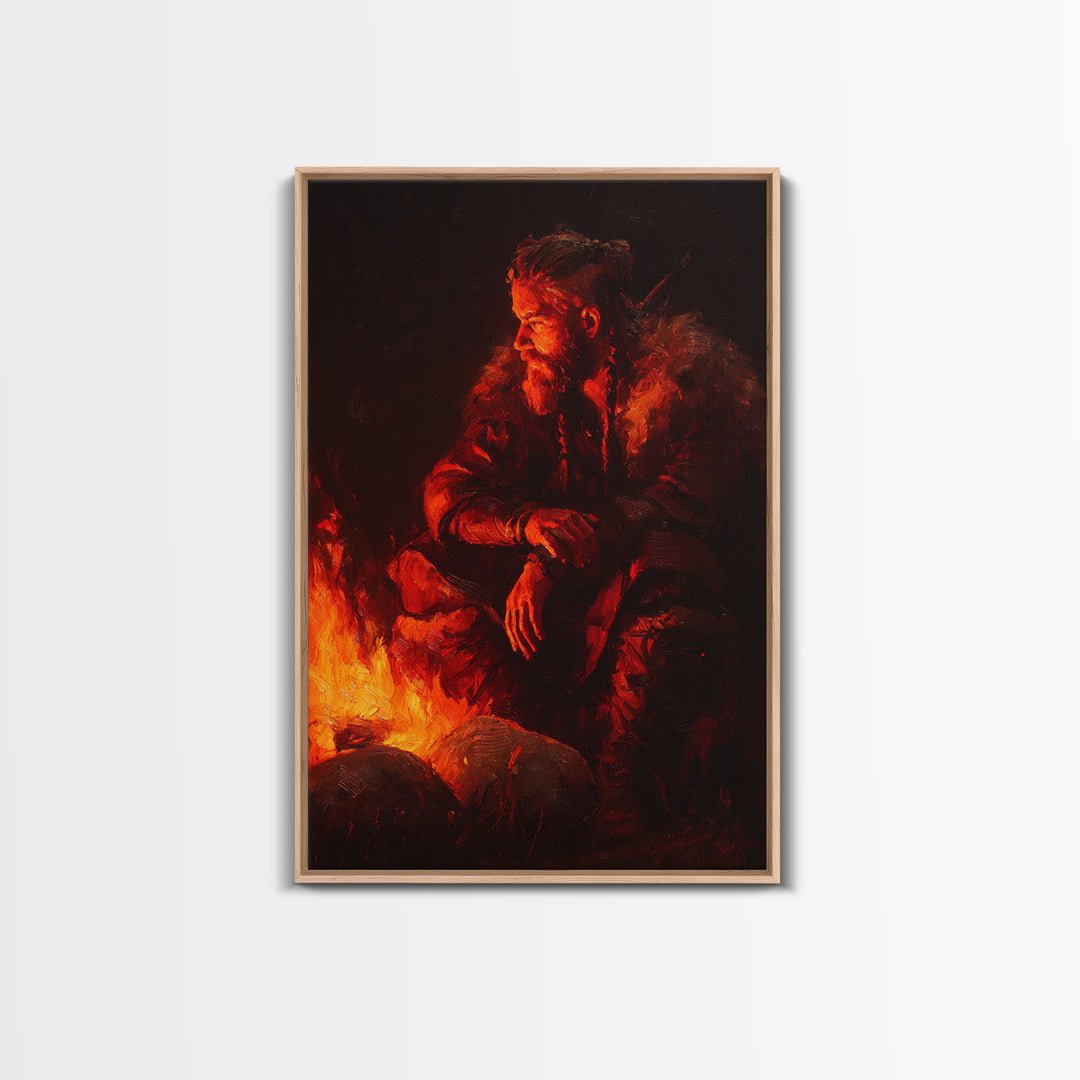 Viking Inspired Bearded Warrior Sitting By Campfire Dramatic Oil Painting Large Framed Canvas Print For Moody Wall Art Rustic Home Décor