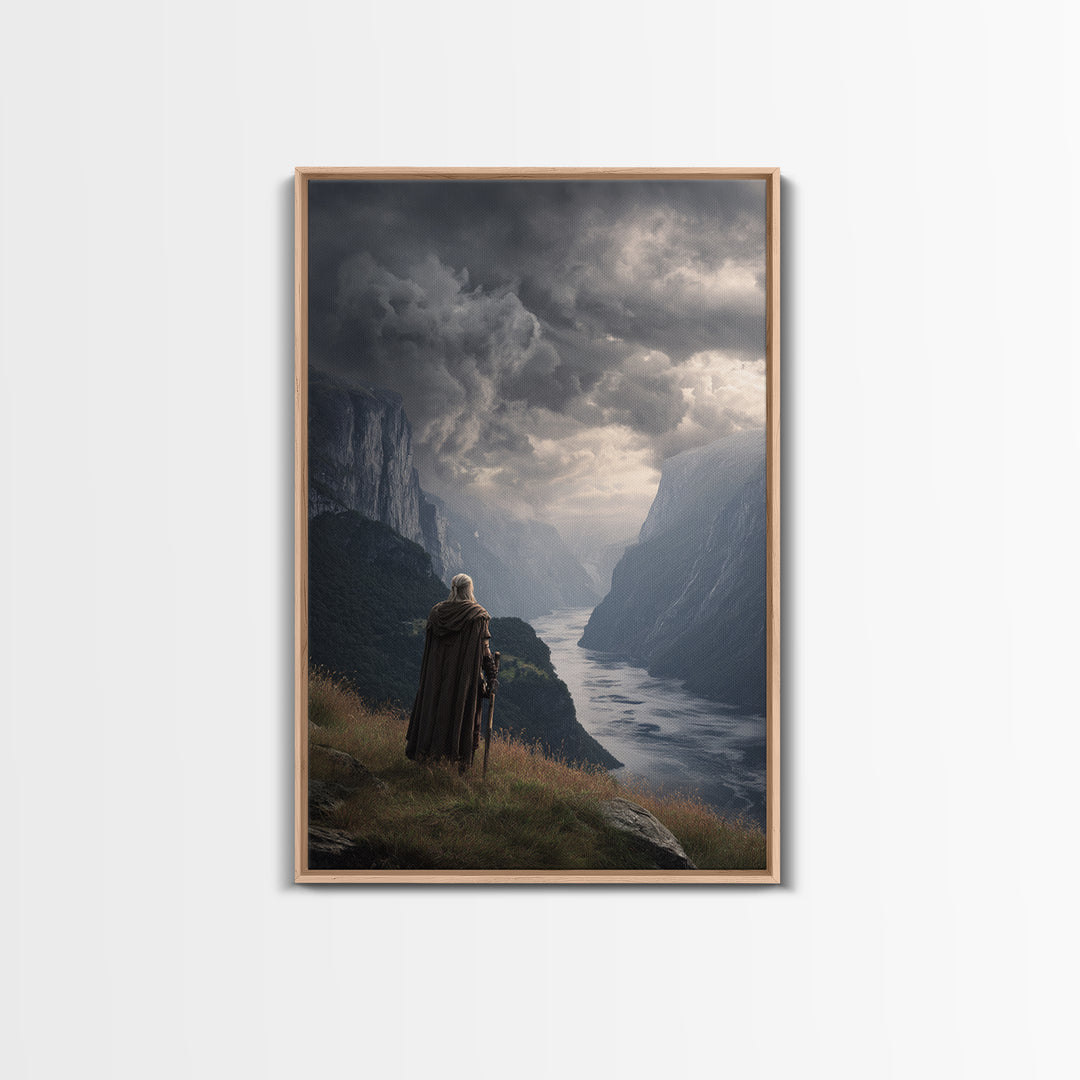 Cloaked Warrior Over Stormy Fjord Wall Art, Epic Nordic Landscape Canvas Print, Dark Academia Decor, Mountain Art Living Room Decor