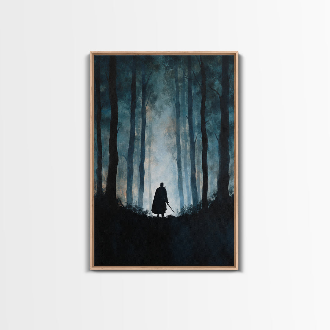 Lone Warrior In Misty Blue Forest Wall Art, Dark Fantasy Canvas Print, Moody Woodland Decor, Medieval Adventure Gift For Him