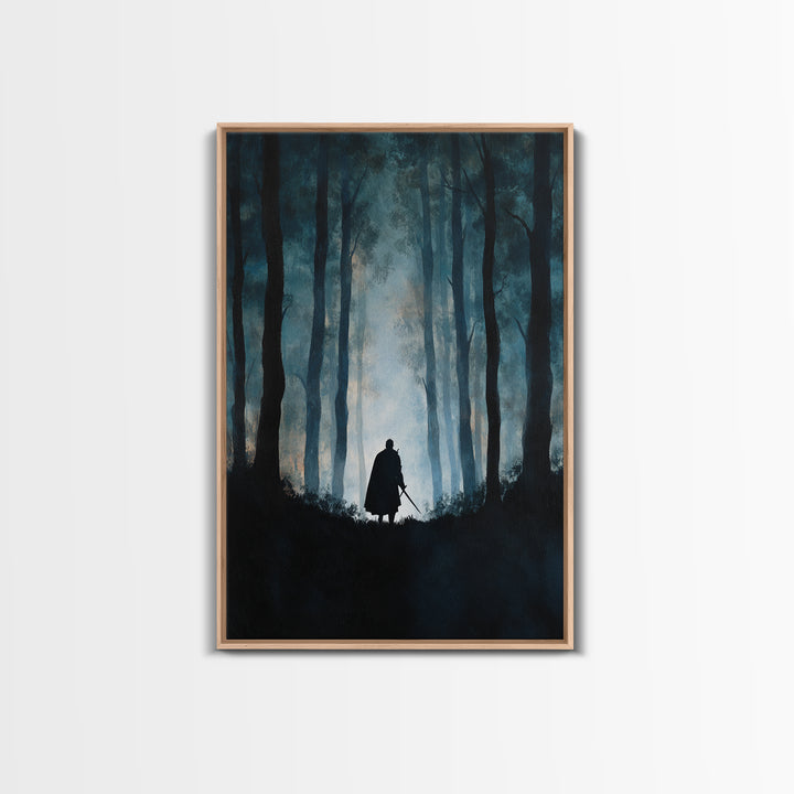 Lone Warrior In Misty Blue Forest Wall Art, Dark Fantasy Canvas Print, Moody Woodland Decor, Medieval Adventure Gift For Him